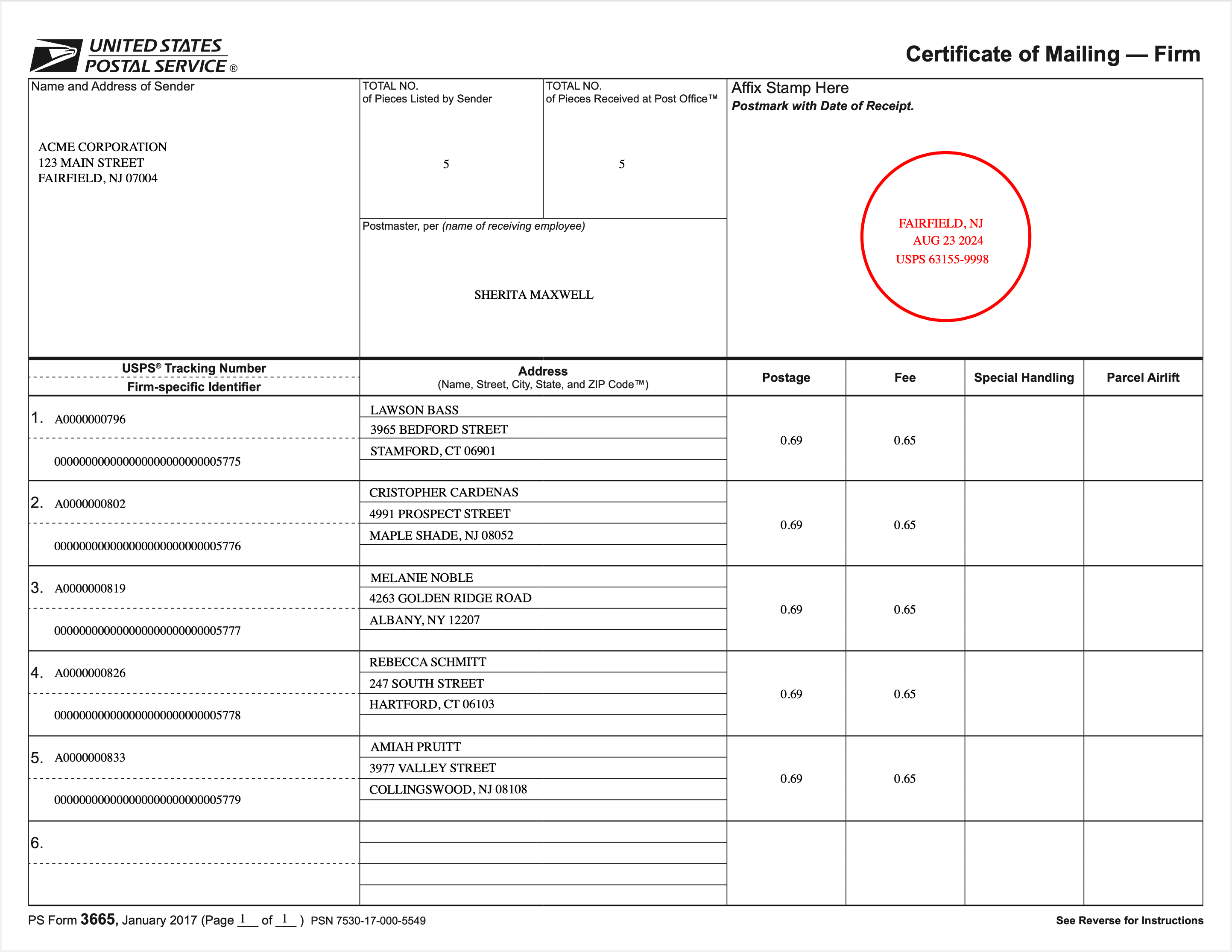 PS Form 3665 with digital round-date stamp