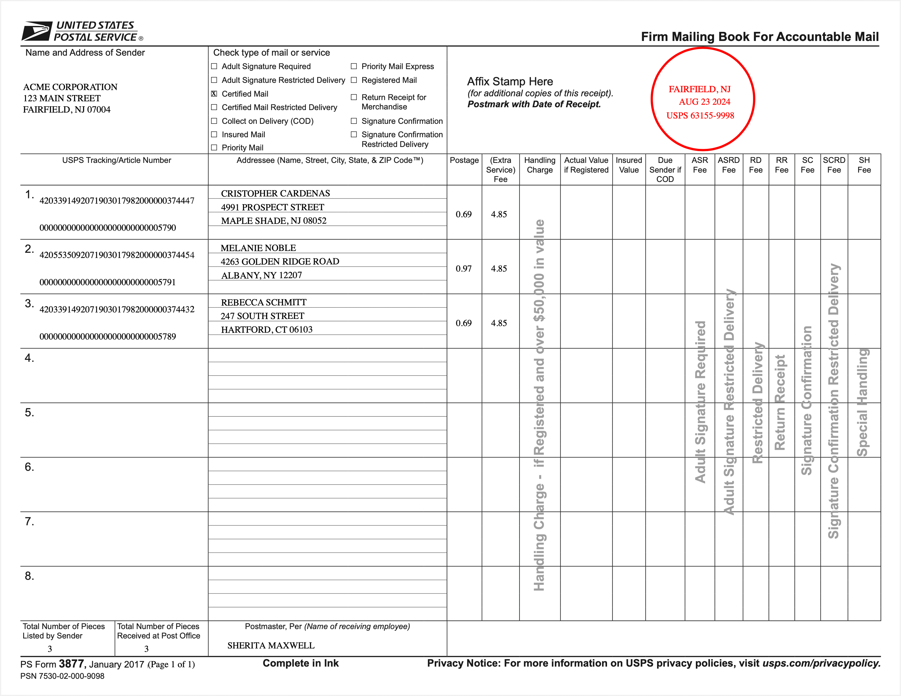 PS Form 3877 with digital round-date stamp